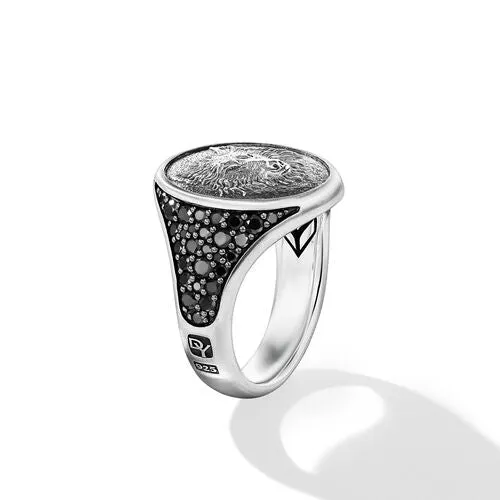 Petrvs Wolf Signet Ring in Sterling Silver with Black Diamonds, Size 10