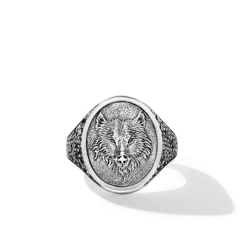 Petrvs Wolf Signet Ring in Sterling Silver with Black Diamonds, Size 10