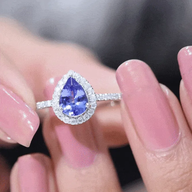 Real Tanzanite Teardrop Engagement Ring with Diamond Halo