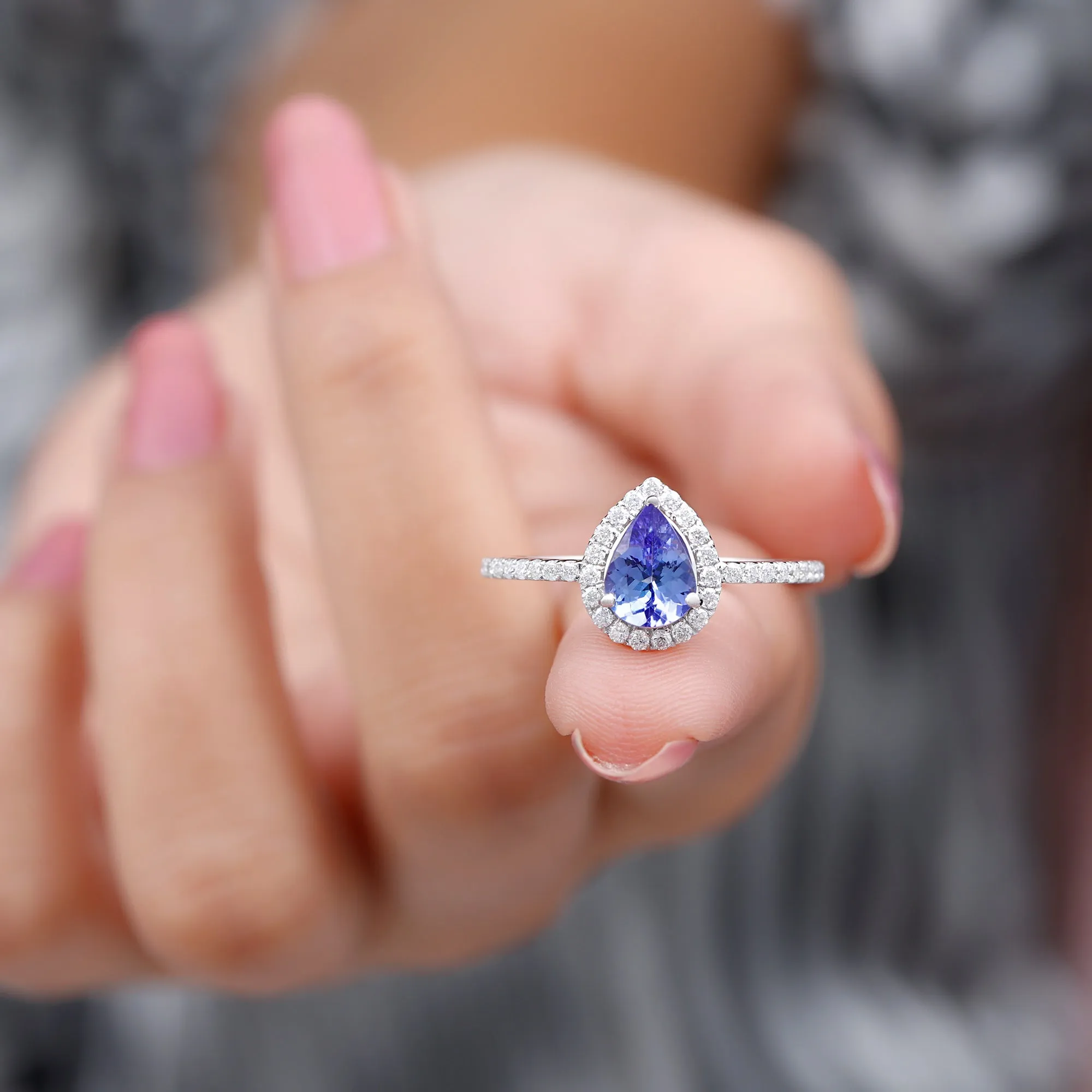 Real Tanzanite Teardrop Engagement Ring with Diamond Halo