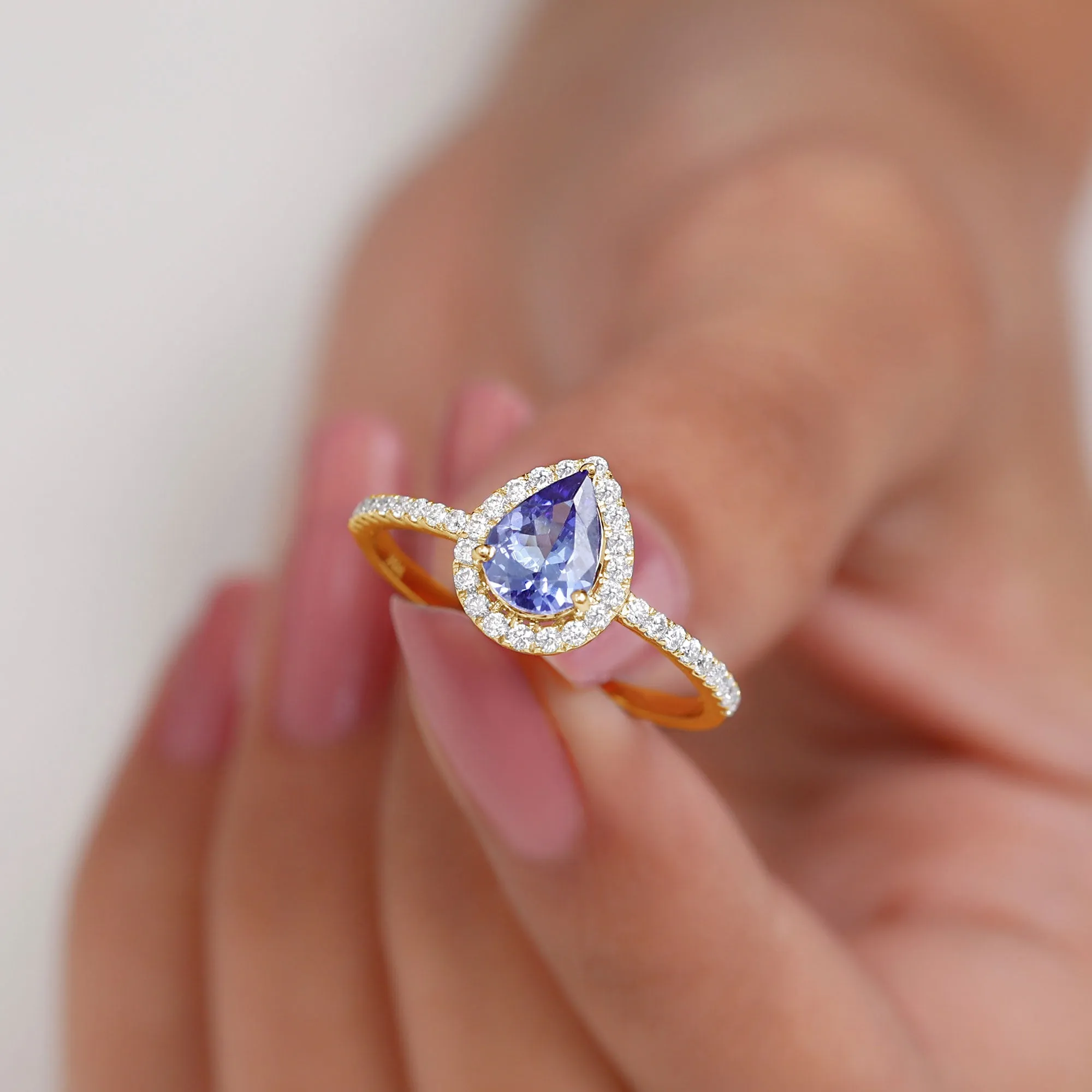 Real Tanzanite Teardrop Engagement Ring with Diamond Halo