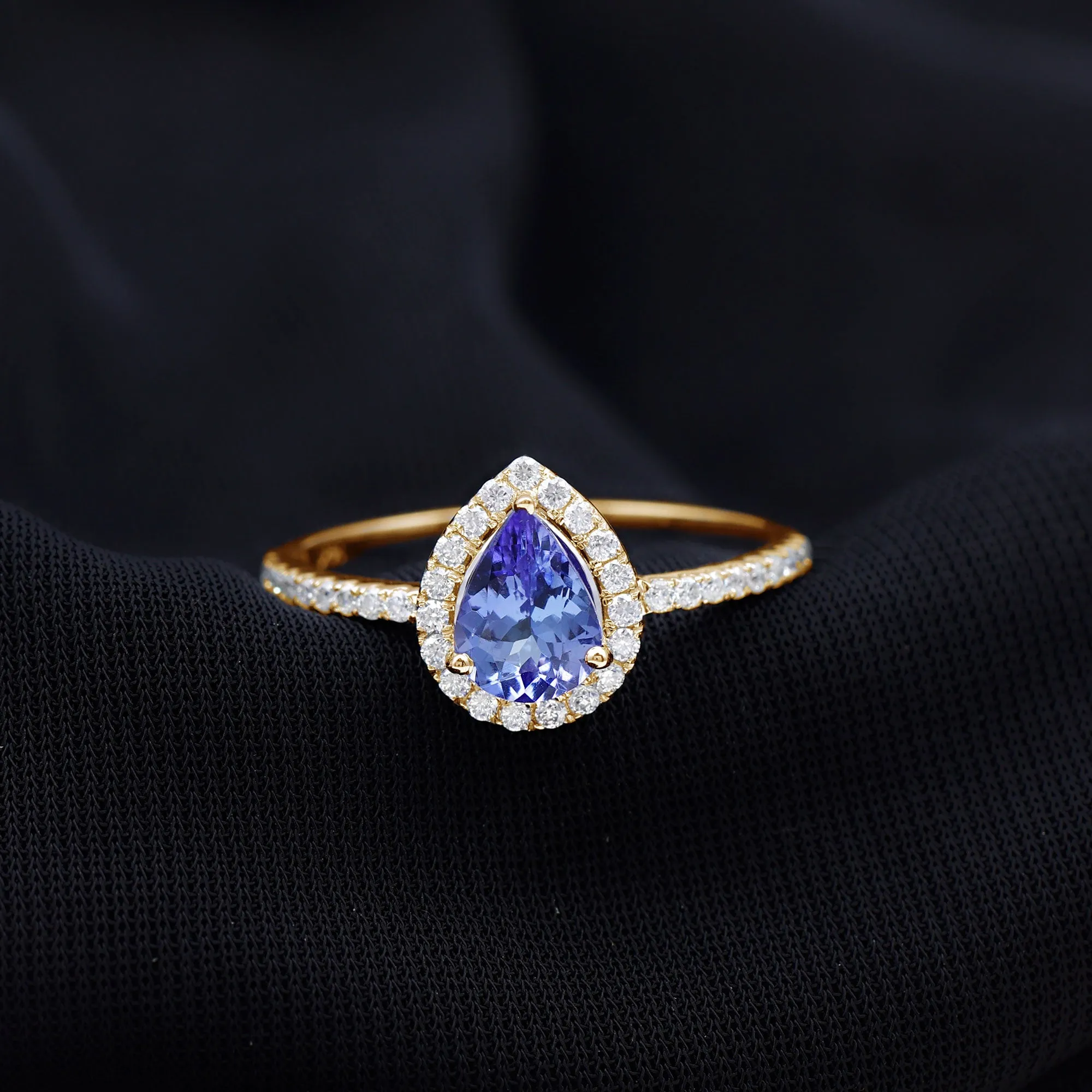 Real Tanzanite Teardrop Engagement Ring with Diamond Halo