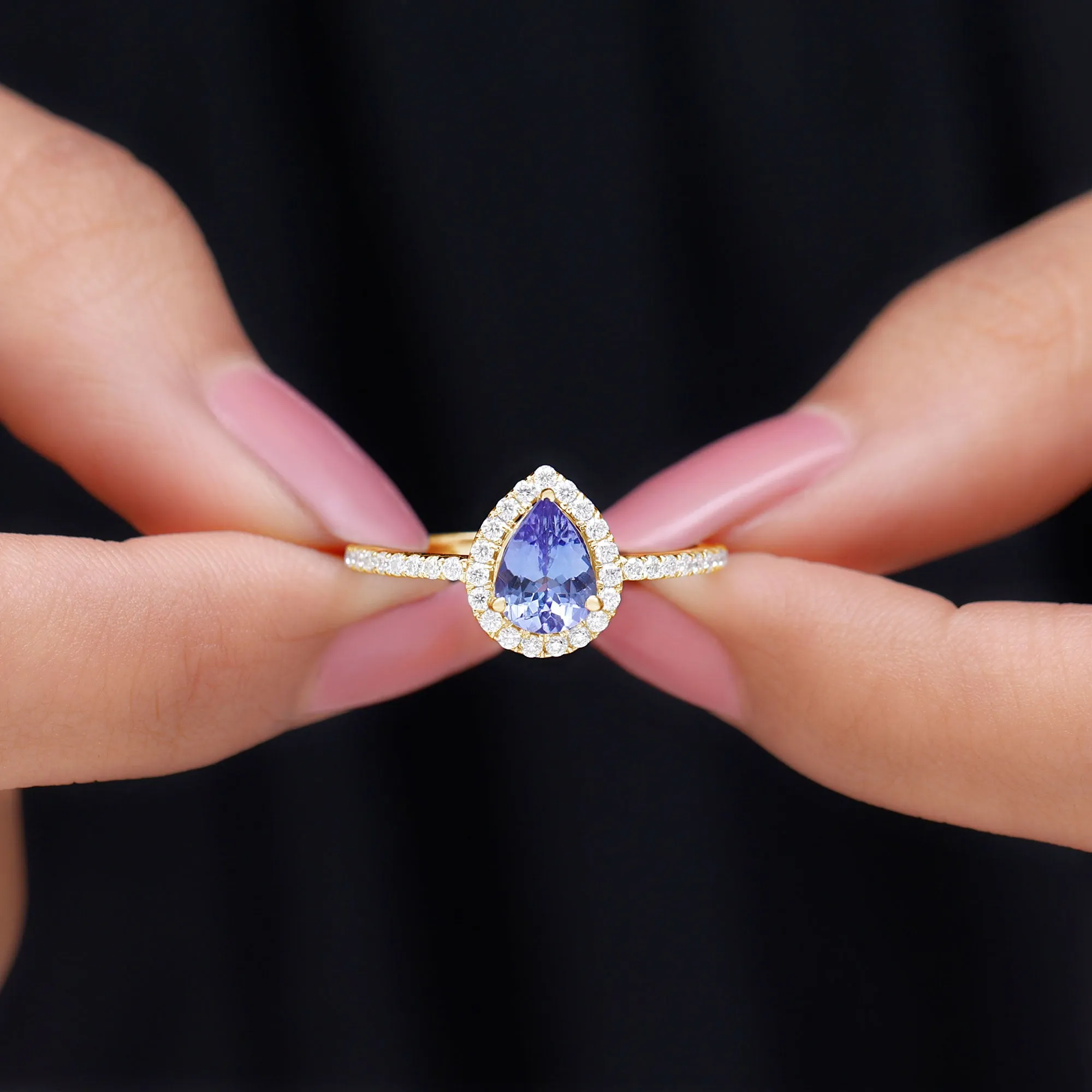 Real Tanzanite Teardrop Engagement Ring with Diamond Halo