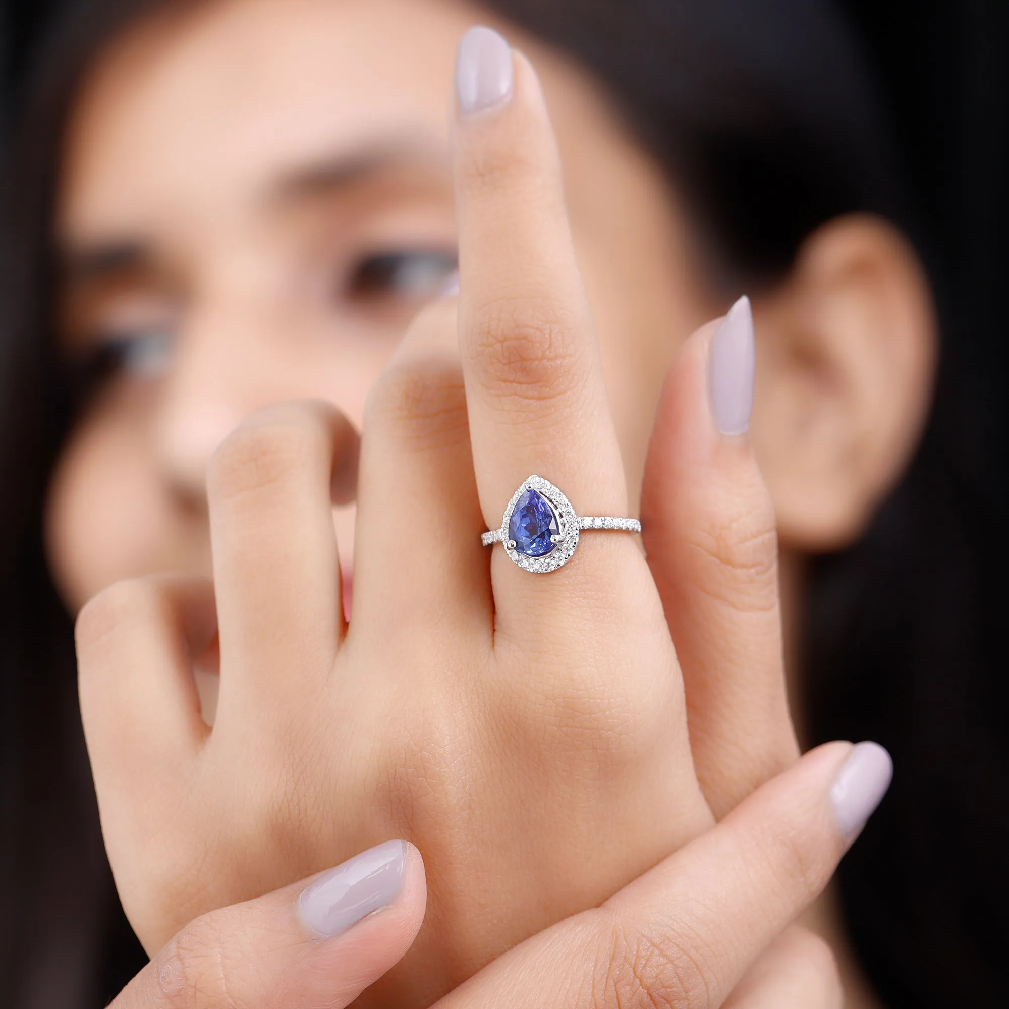 Real Tanzanite Teardrop Engagement Ring with Diamond Halo