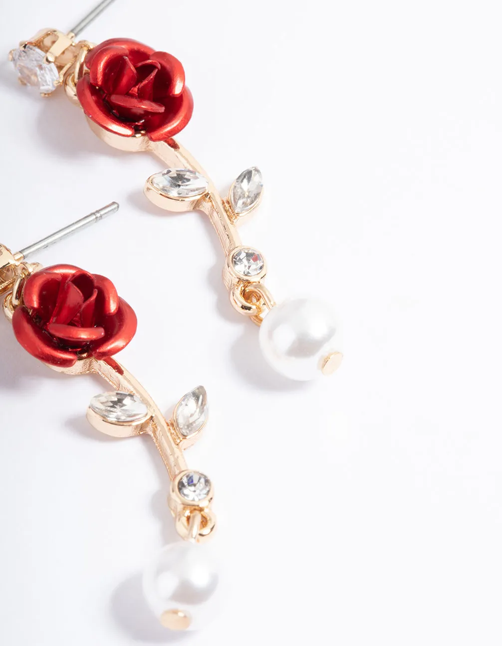 Red Bend Rose Pearly Drop Earrings