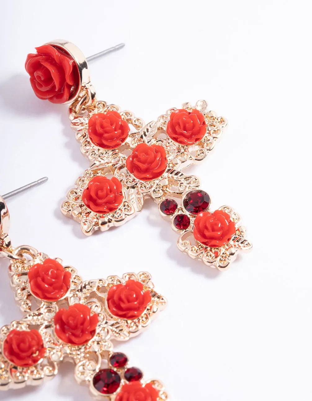 Red Gold Filigree Cross Drop Earrings