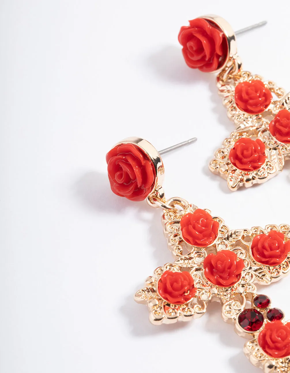 Red Gold Filigree Cross Drop Earrings