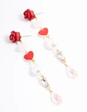 Red Rose Heart Pearly Drop Earrings