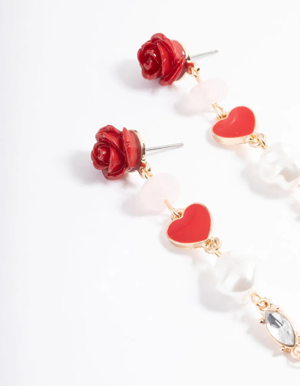 Red Rose Heart Pearly Drop Earrings