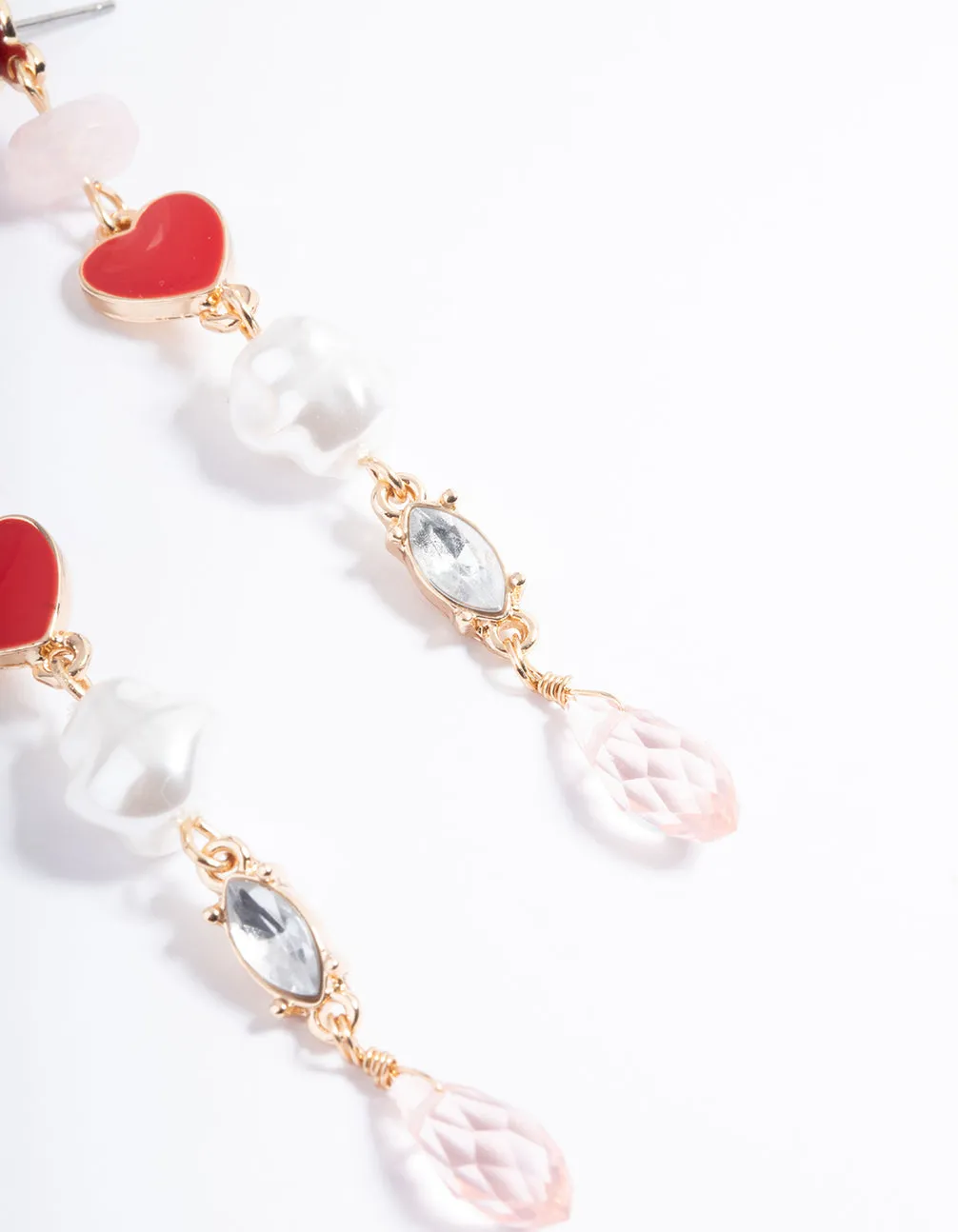 Red Rose Heart Pearly Drop Earrings