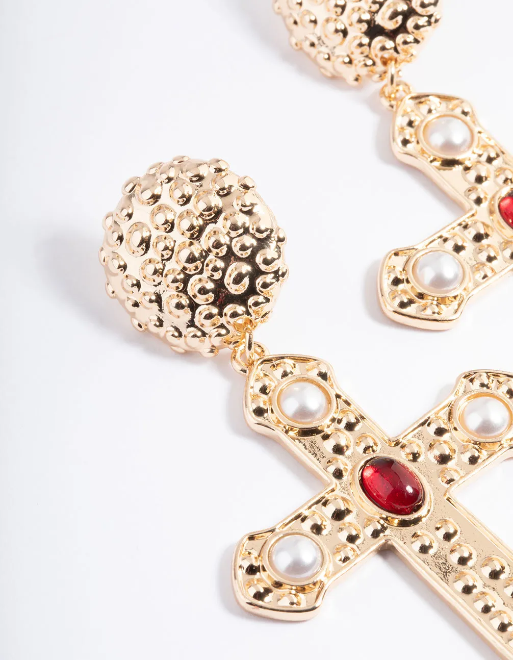 Red Textured Pearly Cross Drop Earrings