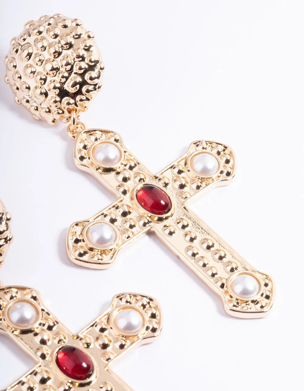 Red Textured Pearly Cross Drop Earrings