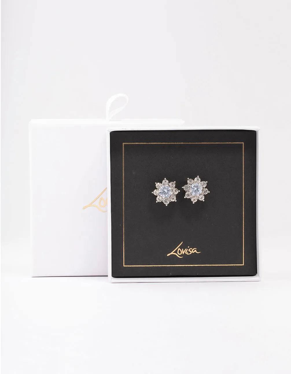 Rhodium Diamante Flower Stud Earrings