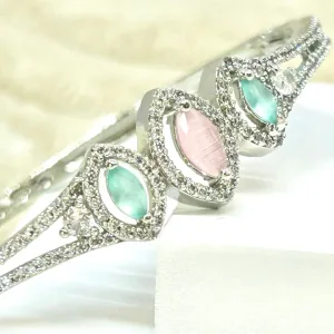 Rhodium Plated Sea Green and Baby Pink Studded Zirconia Bracelet