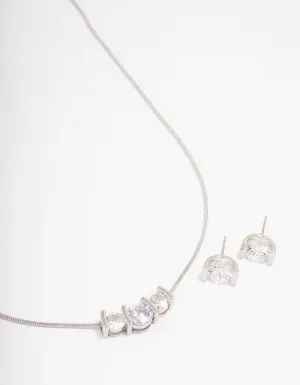 Rhodium Triple Diamante Necklace & Earring Jewellery Set