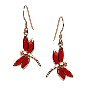 Rose Gold Created Red Coral Dragonfly Earrings