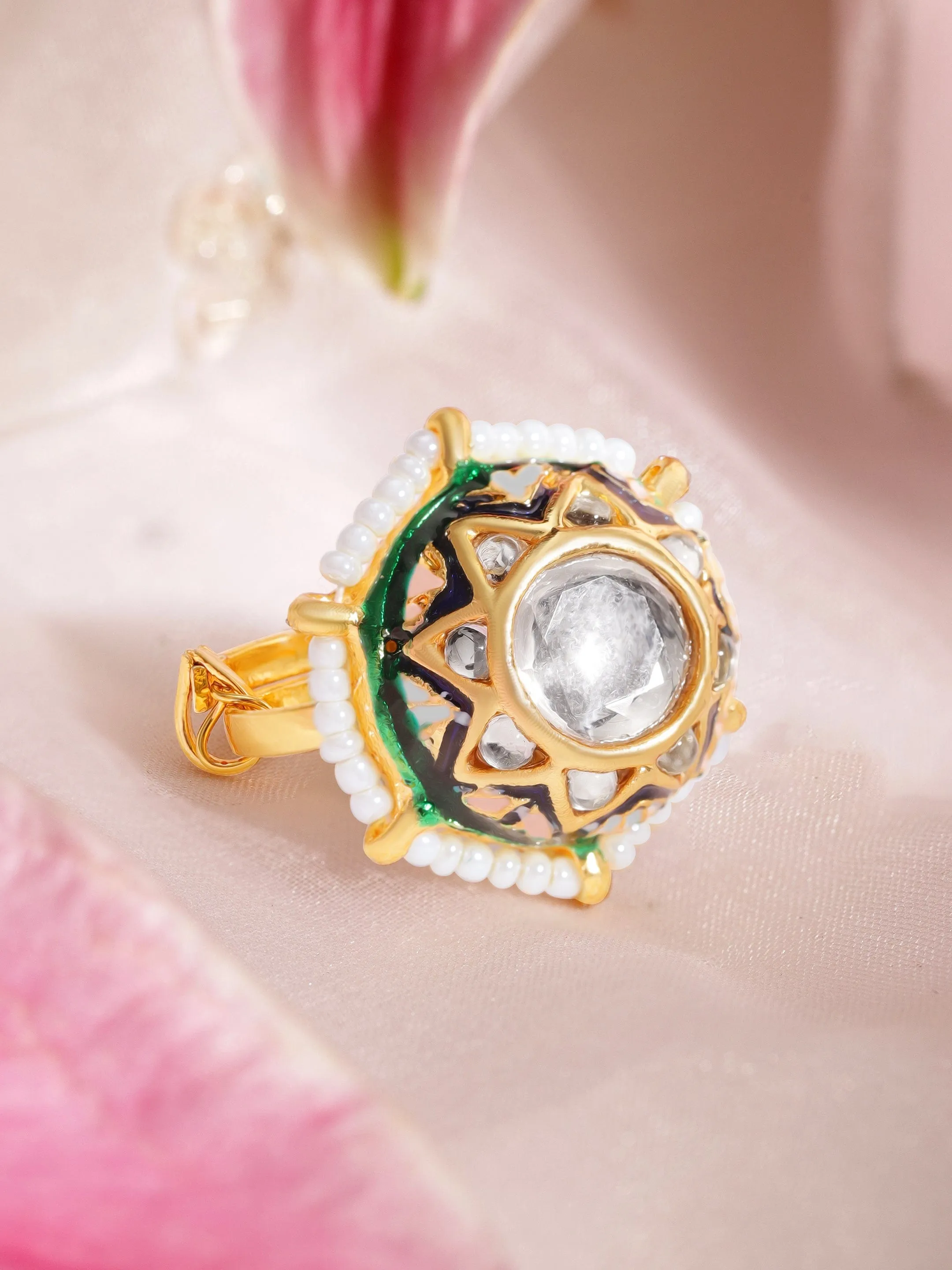 Rubans 22K Gold plated kundan crystal studded pearl detailed regal sleek ring