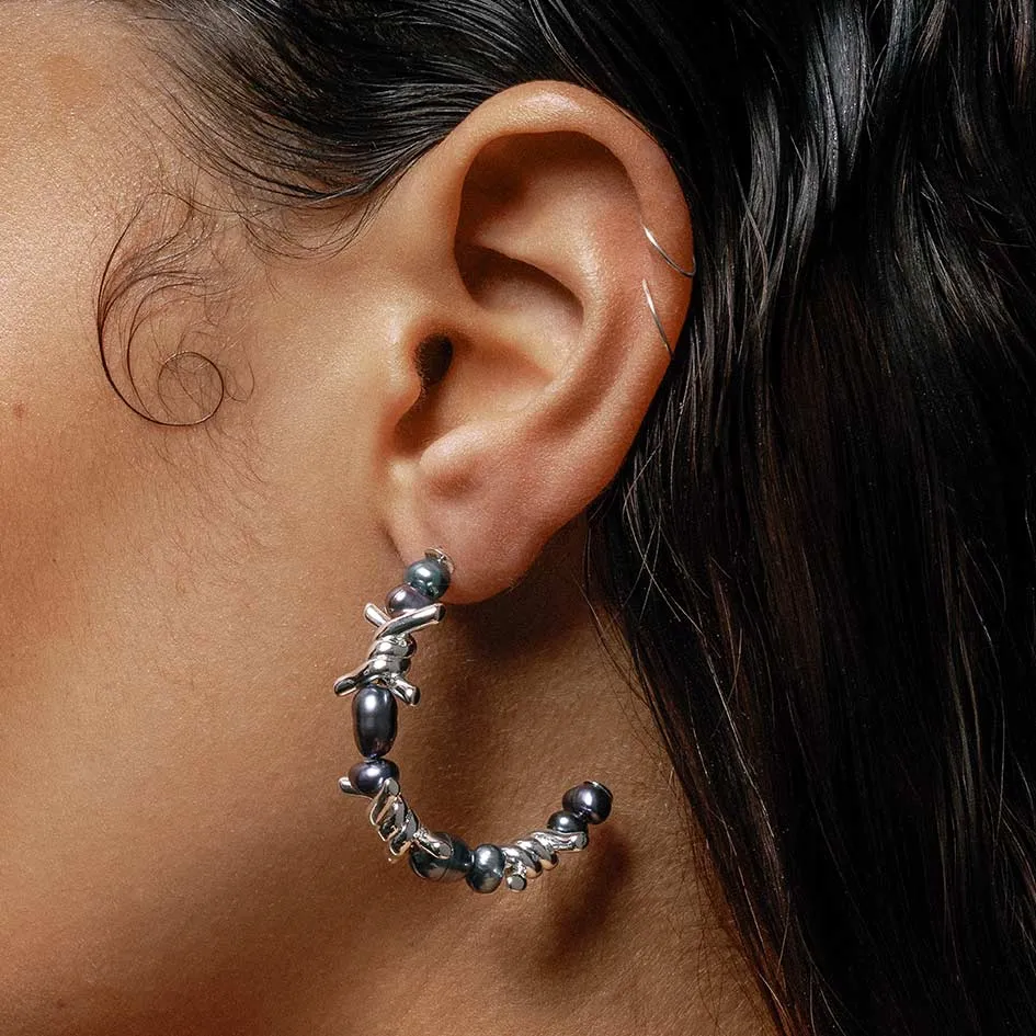 RUTHLESS. Barbed Wire & Black Pearl Hoop Earrings - Silver