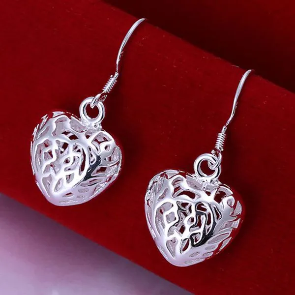 Silver Cut Out Fancy Puffed Silver Heart Earrings For Woman