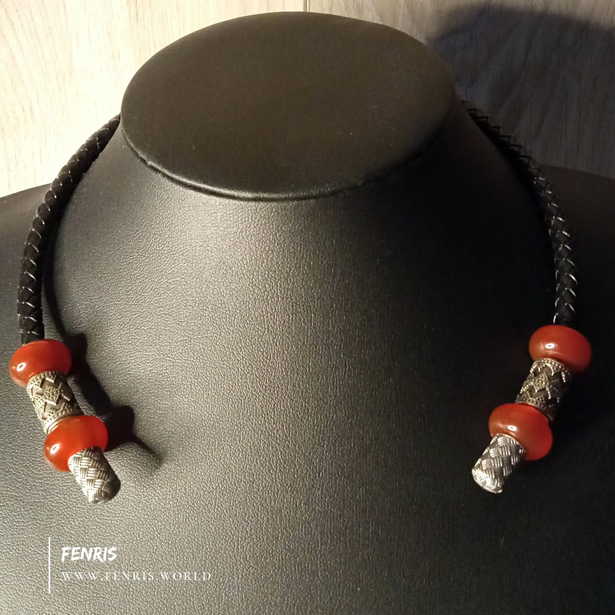 Silver Torc Red Agate Black Leather Necklace