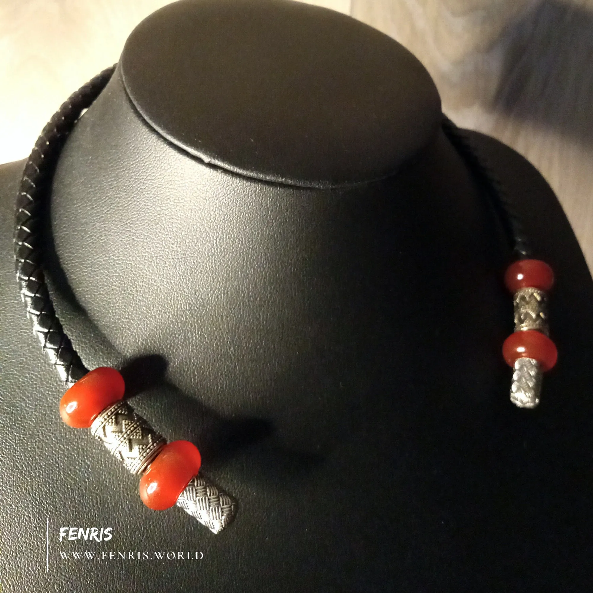 Silver Torc Red Agate Black Leather Necklace