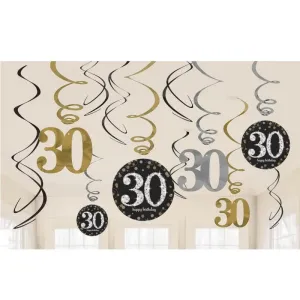 Sparkling Black 30th Swirl Decorations