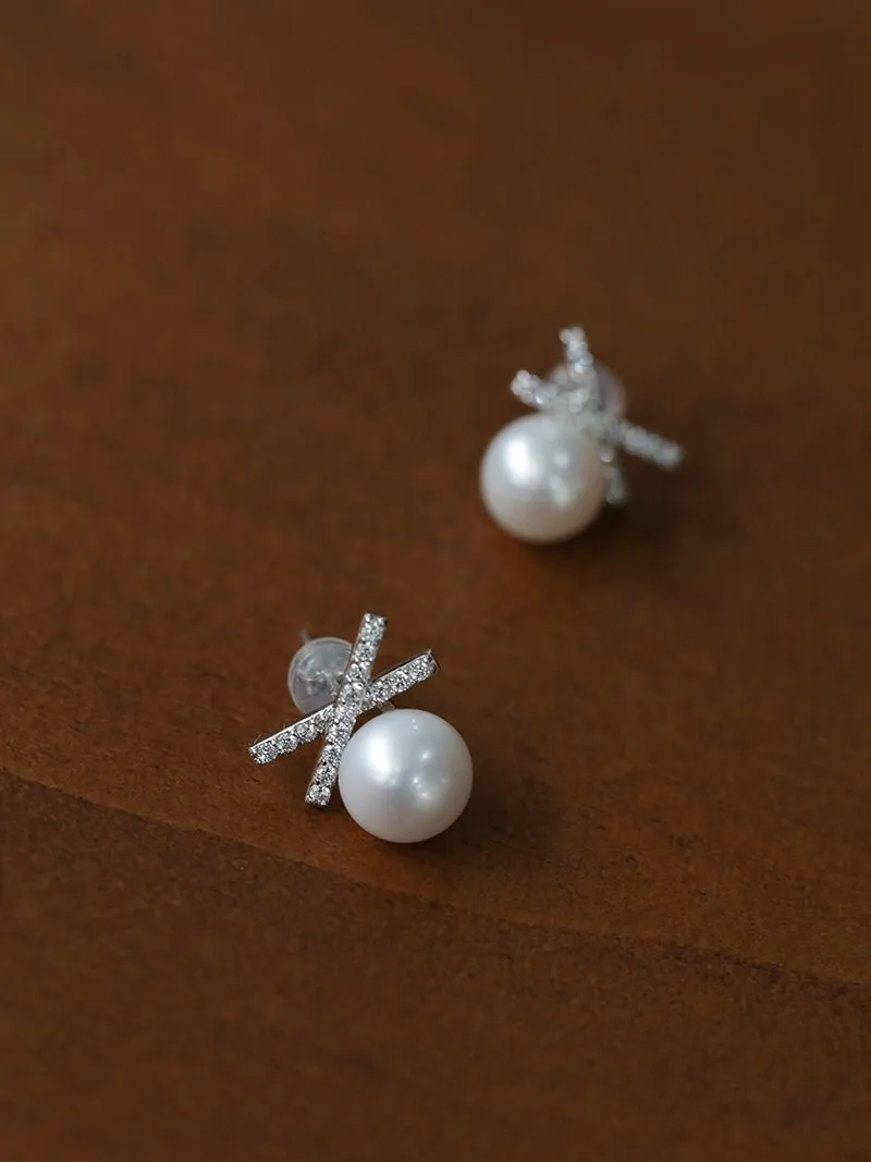 Sparkling X-Shaped Pearl Stud Earrings