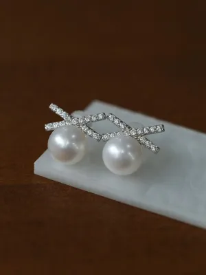 Sparkling X-Shaped Pearl Stud Earrings