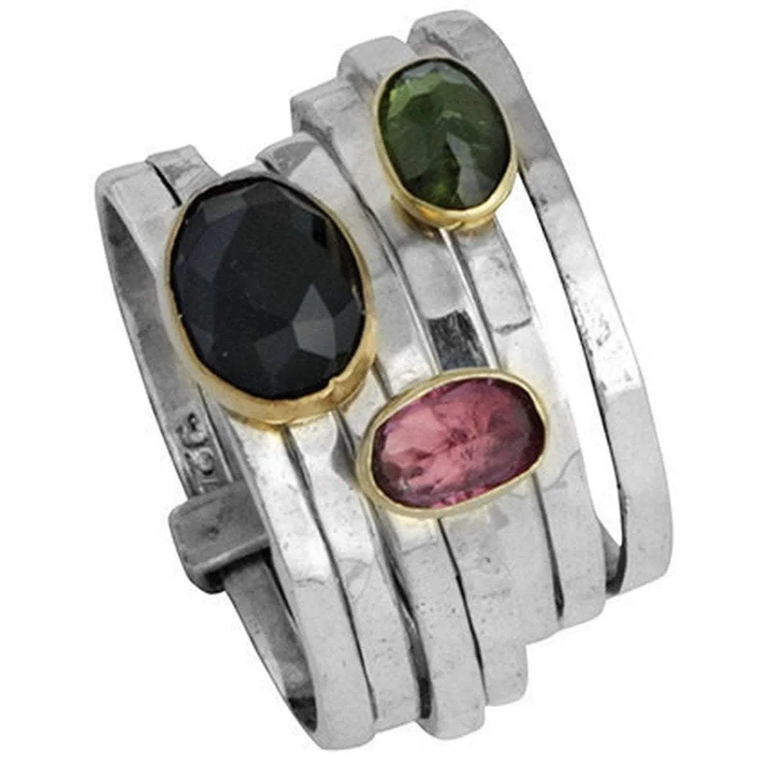 Stacking Rings for  woman set with Tourmalines / silver gold 9ct Designer Jewelry/ Two Metals Ring