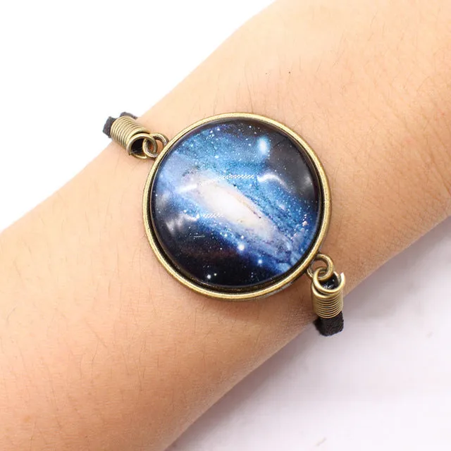 Star Leather charm Bracelet big Space Galaxy Cabochon rope chain Bracelet Pulseira Feminino round glass statement Jewelry unisex