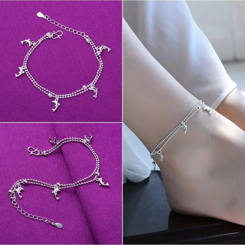 Sterling Silver Color Stamp Anklets For Women Foot Leg Chain Link Bracelet Double Layers Beach Accessories Fashion Jewelry