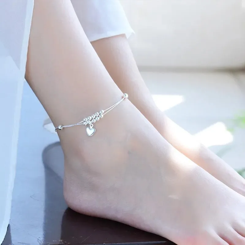 Sterling Silver Color Stamp Anklets For Women Foot Leg Chain Link Bracelet Double Layers Beach Accessories Fashion Jewelry