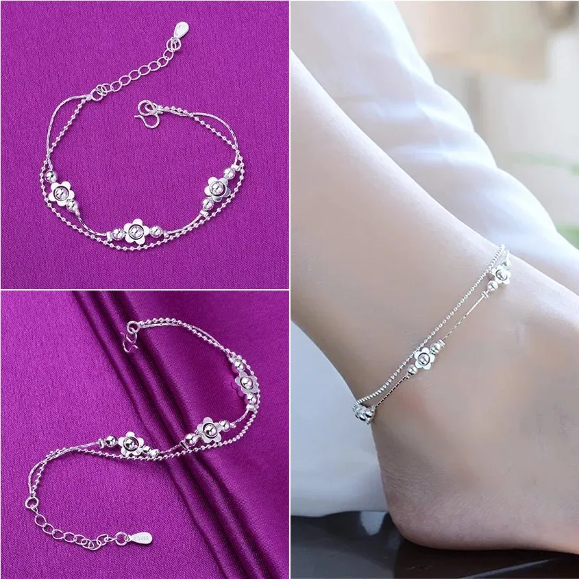 Sterling Silver Color Stamp Anklets For Women Foot Leg Chain Link Bracelet Double Layers Beach Accessories Fashion Jewelry