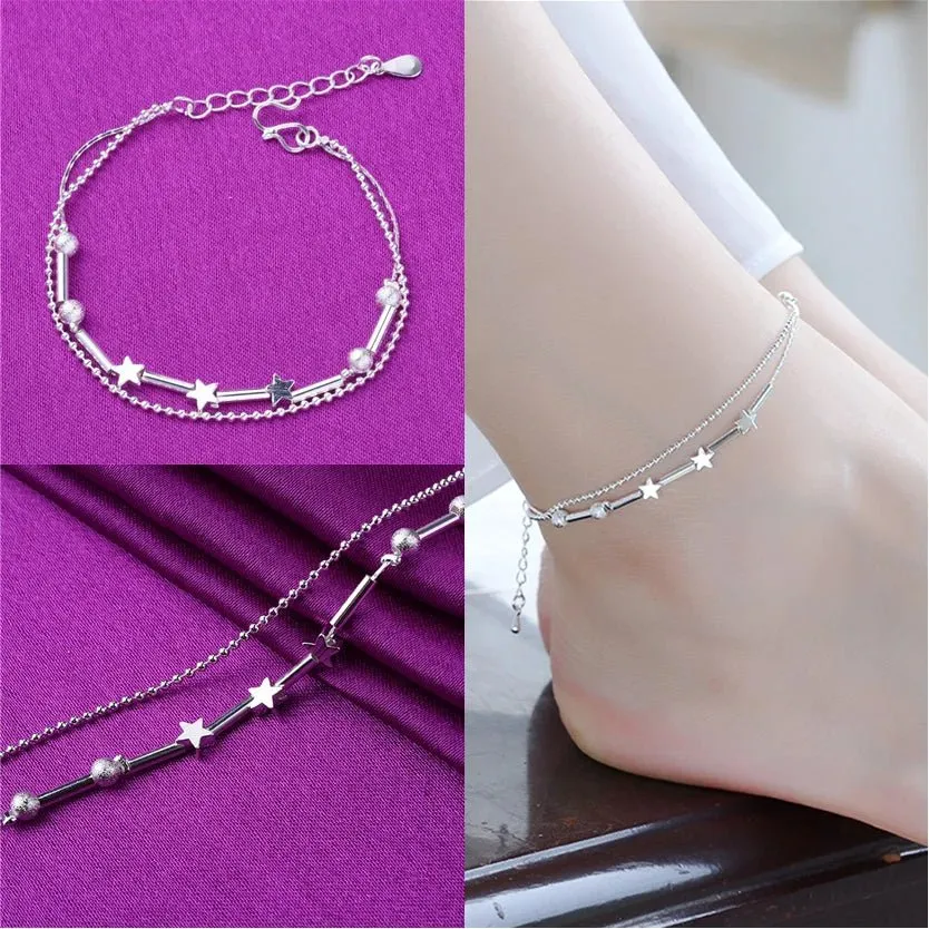 Sterling Silver Color Stamp Anklets For Women Foot Leg Chain Link Bracelet Double Layers Beach Accessories Fashion Jewelry