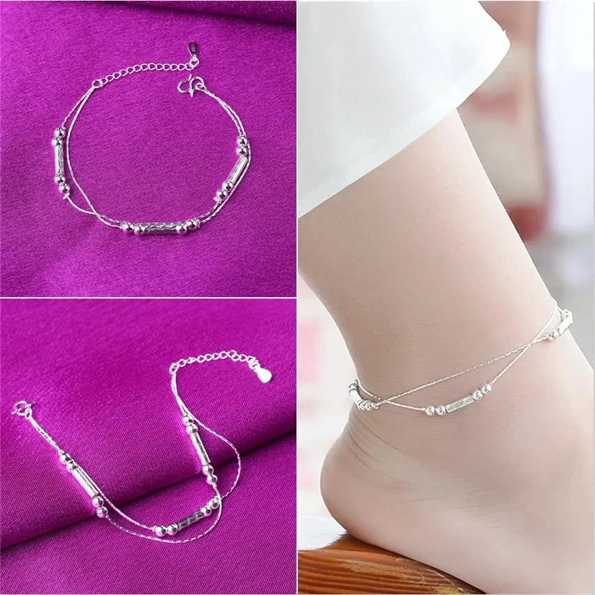 Sterling Silver Color Stamp Anklets For Women Foot Leg Chain Link Bracelet Double Layers Beach Accessories Fashion Jewelry