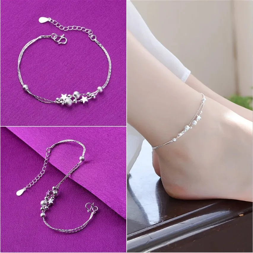 Sterling Silver Color Stamp Anklets For Women Foot Leg Chain Link Bracelet Double Layers Beach Accessories Fashion Jewelry