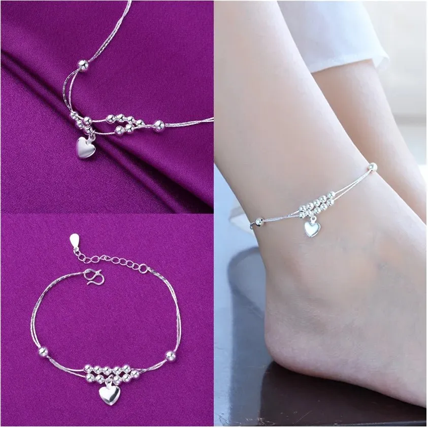 Sterling Silver Color Stamp Anklets For Women Foot Leg Chain Link Bracelet Double Layers Beach Accessories Fashion Jewelry