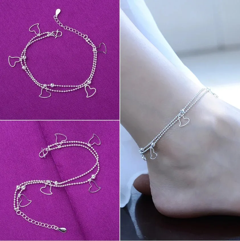 Sterling Silver Color Stamp Anklets For Women Foot Leg Chain Link Bracelet Double Layers Beach Accessories Fashion Jewelry