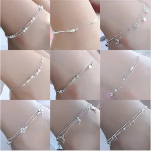 Sterling Silver Color Stamp Anklets For Women Foot Leg Chain Link Bracelet Double Layers Beach Accessories Fashion Jewelry