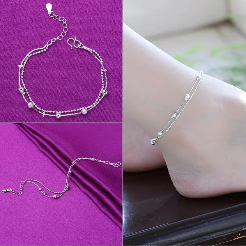 Sterling Silver Color Stamp Anklets For Women Foot Leg Chain Link Bracelet Double Layers Beach Accessories Fashion Jewelry