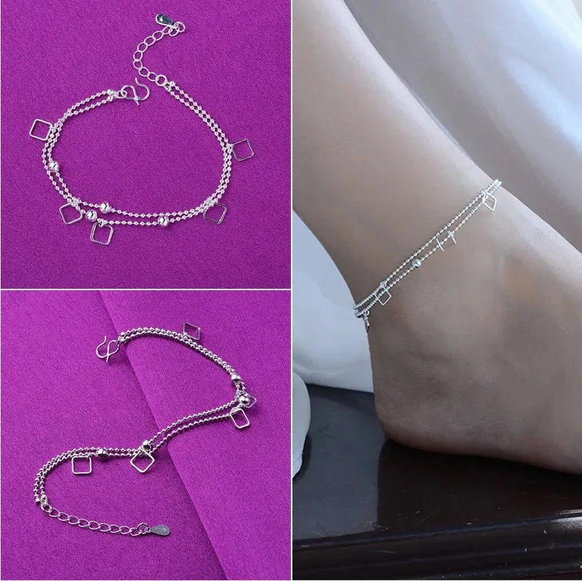 Sterling Silver Color Stamp Anklets For Women Foot Leg Chain Link Bracelet Double Layers Beach Accessories Fashion Jewelry