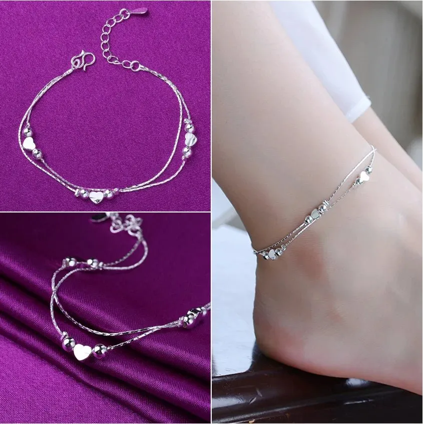 Sterling Silver Color Stamp Anklets For Women Foot Leg Chain Link Bracelet Double Layers Beach Accessories Fashion Jewelry