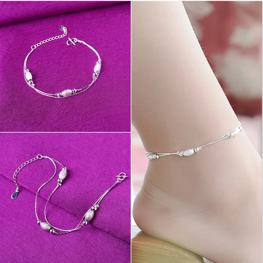 Sterling Silver Color Stamp Anklets For Women Foot Leg Chain Link Bracelet Double Layers Beach Accessories Fashion Jewelry