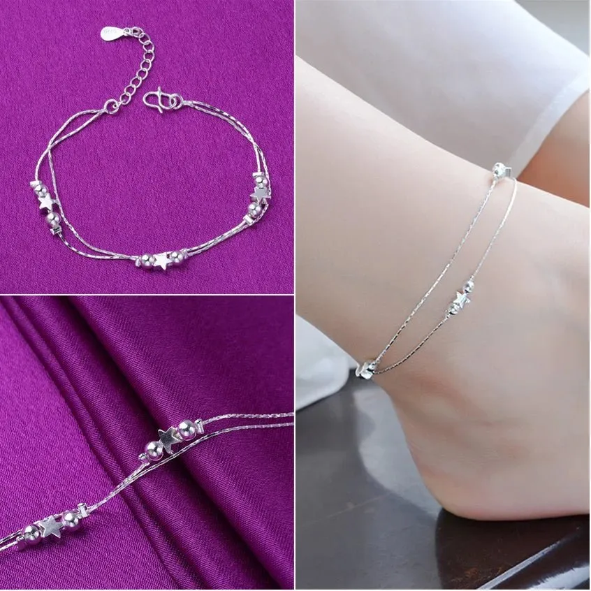 Sterling Silver Color Stamp Anklets For Women Foot Leg Chain Link Bracelet Double Layers Beach Accessories Fashion Jewelry