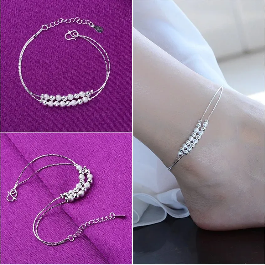 Sterling Silver Color Stamp Anklets For Women Foot Leg Chain Link Bracelet Double Layers Beach Accessories Fashion Jewelry