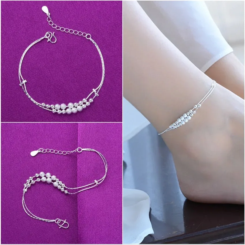 Sterling Silver Color Stamp Anklets For Women Foot Leg Chain Link Bracelet Double Layers Beach Accessories Fashion Jewelry