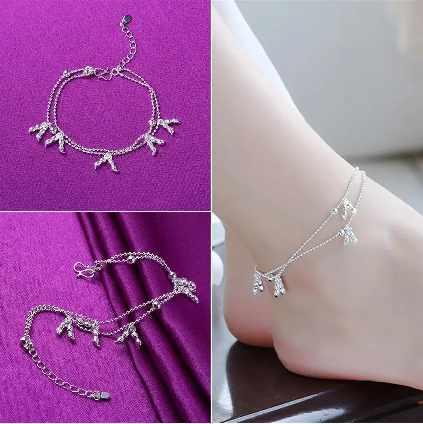 Sterling Silver Color Stamp Anklets For Women Foot Leg Chain Link Bracelet Double Layers Beach Accessories Fashion Jewelry