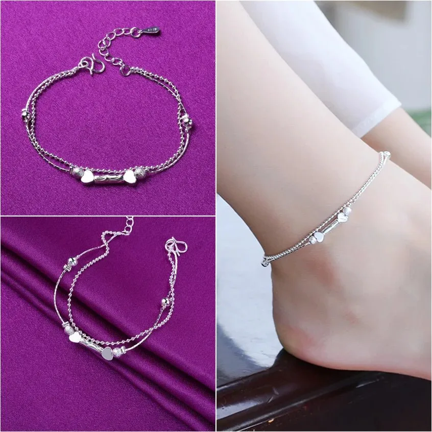 Sterling Silver Color Stamp Anklets For Women Foot Leg Chain Link Bracelet Double Layers Beach Accessories Fashion Jewelry