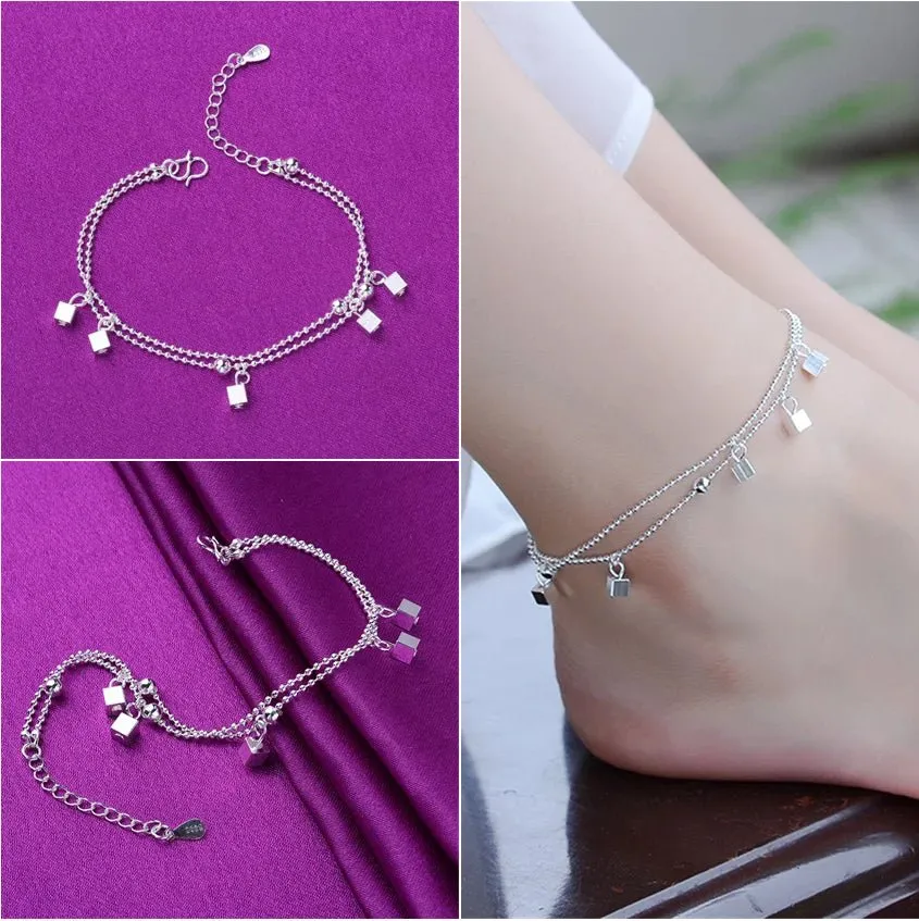 Sterling Silver Color Stamp Anklets For Women Foot Leg Chain Link Bracelet Double Layers Beach Accessories Fashion Jewelry