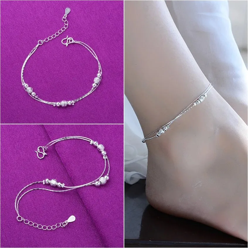 Sterling Silver Color Stamp Anklets For Women Foot Leg Chain Link Bracelet Double Layers Beach Accessories Fashion Jewelry